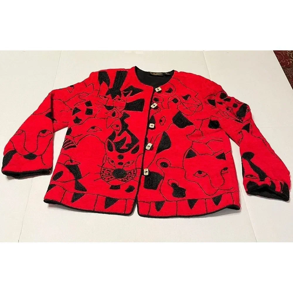 Allure Boutique VTG Black Cat Animal Jacket Embroidered Red‎ Jacket Women Small